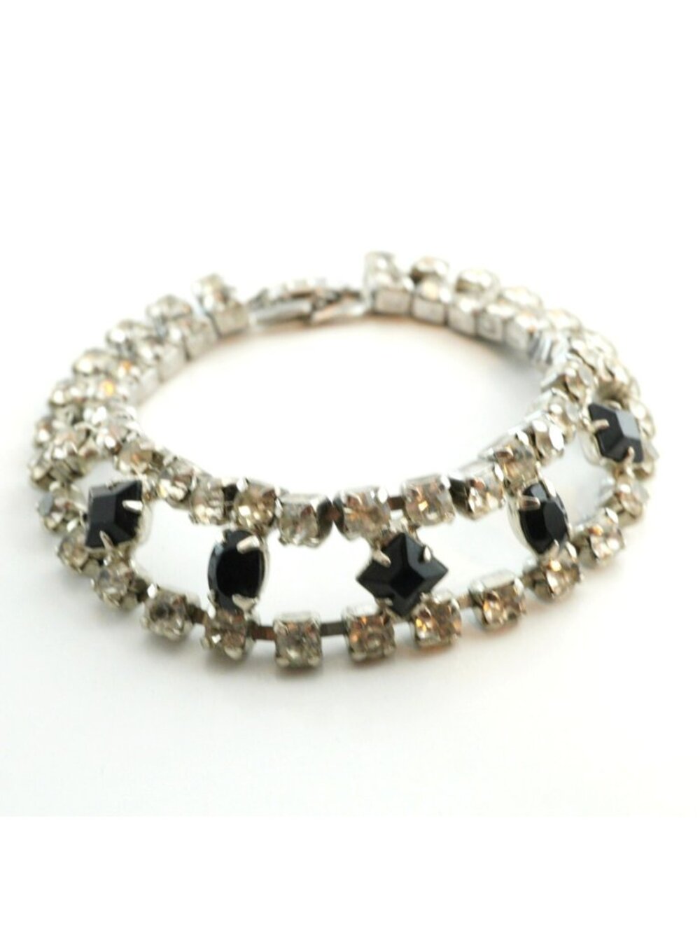 Vintage Rhinestone Bracelet Black Clear Double Row Silver Tone 7"